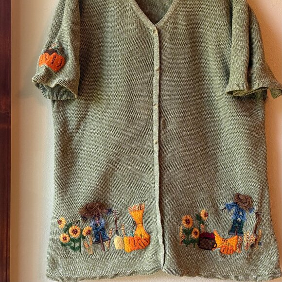 Liz & Me Fall Sweater Autumn Sunflowers Pumpkins Apples Scarecrows Size 1X - Picture 2 of 11